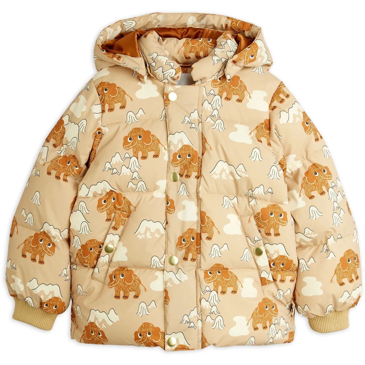 Mini Rodini Beige Mammoths AOP Hooded Puffer Hidden Zipper Closure
