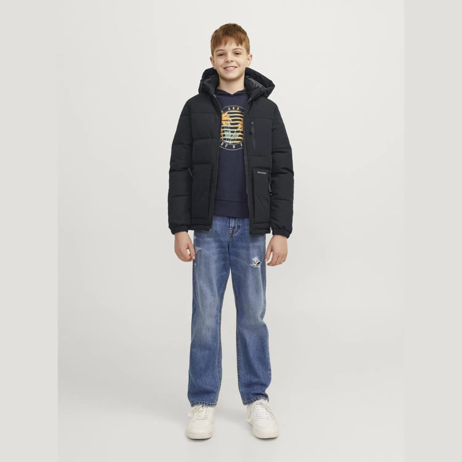 Jack & Jones Junior Black Eotto Puffer Jacket Printed-Lining Smooth-Lining