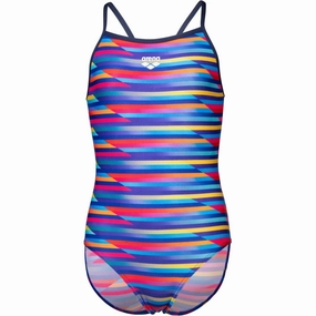Arena Multi Girl'S Arena Racing Stripe Swimsuit Lightdrop Back Earthy-Tone
