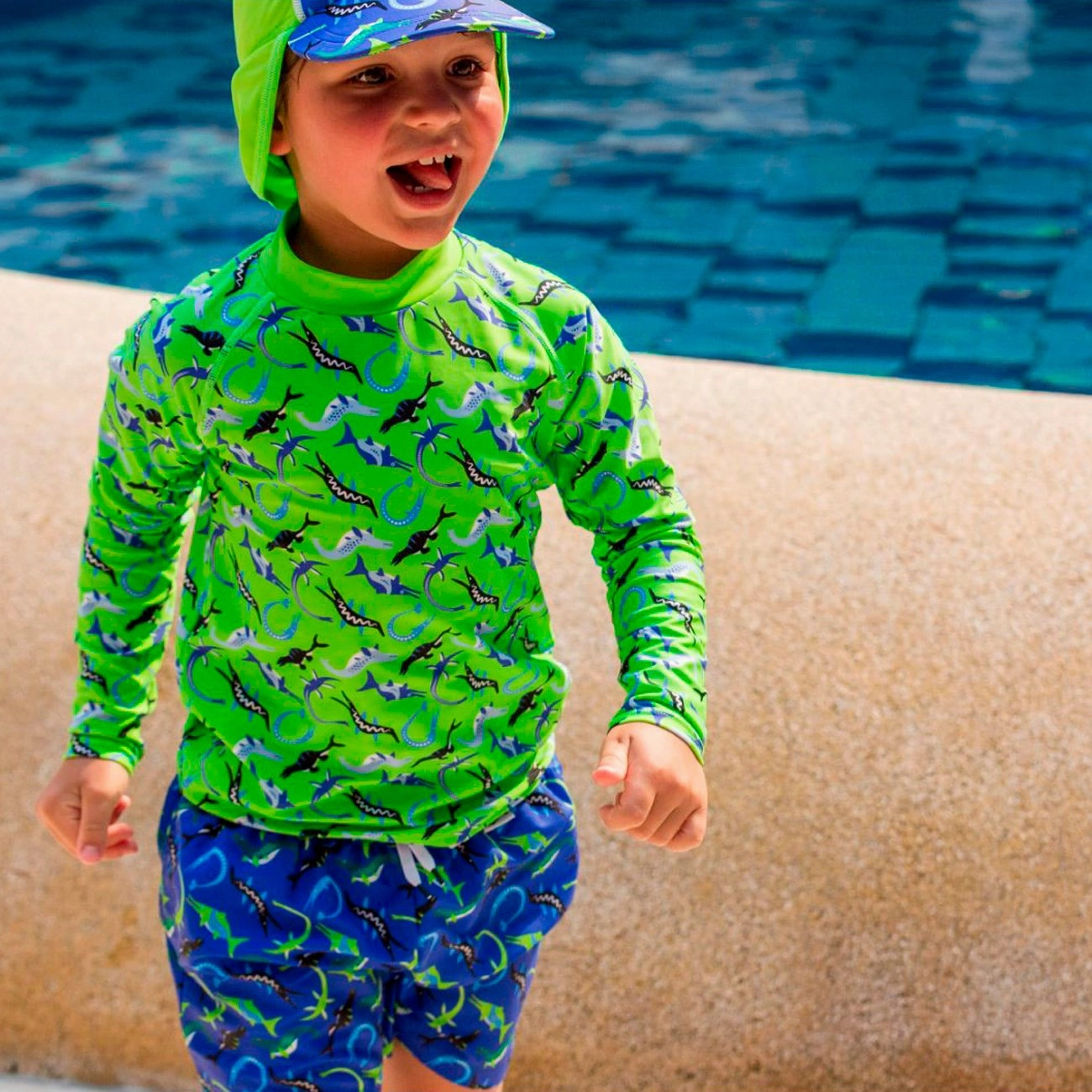 Stretch Recovery Fabric Non Restrictive Band BECO Blue Ocean Dinos Shorts