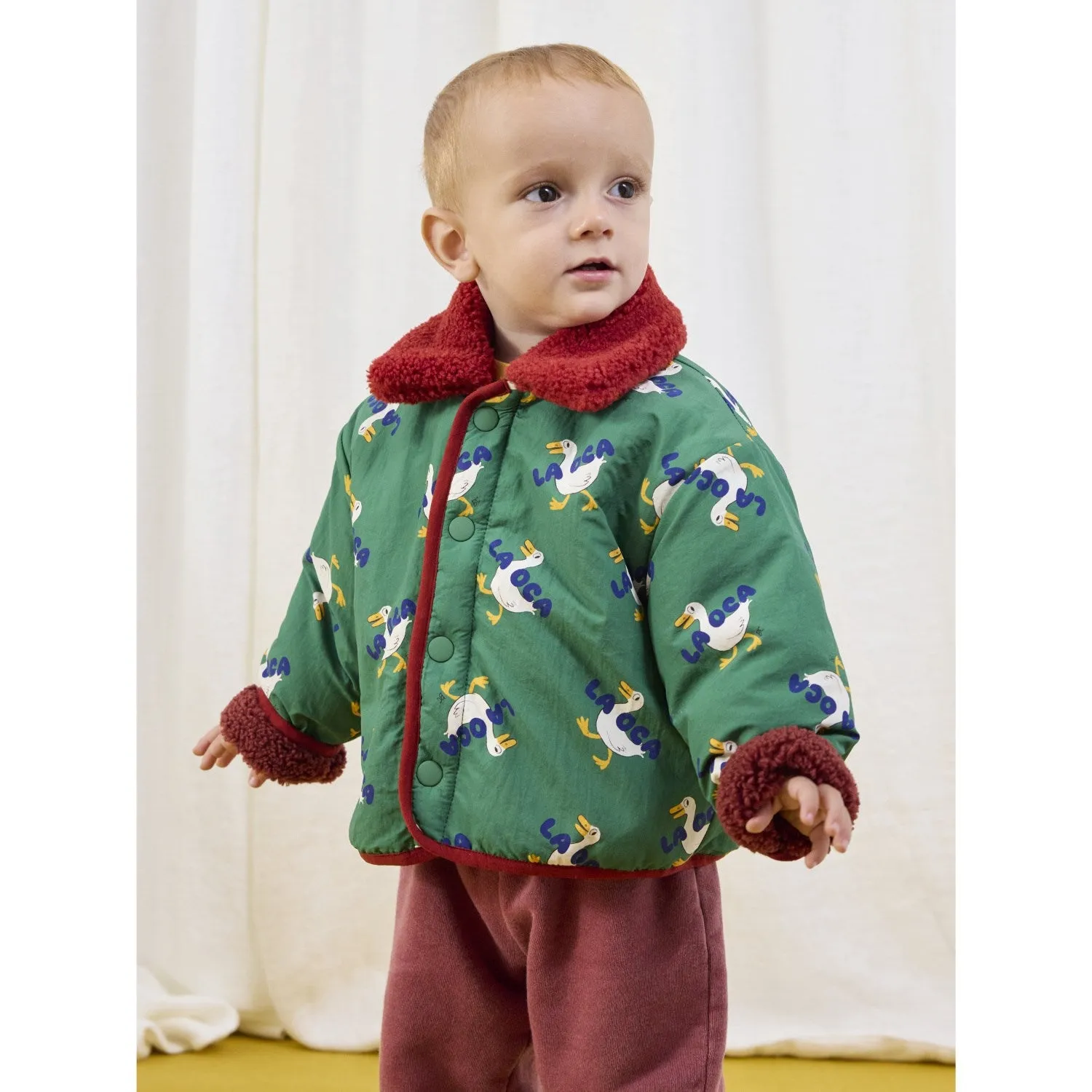 Bobo Choses Green La Oca All Over Reversible Sheepskin Jacket Breathable Technology High Collar Style