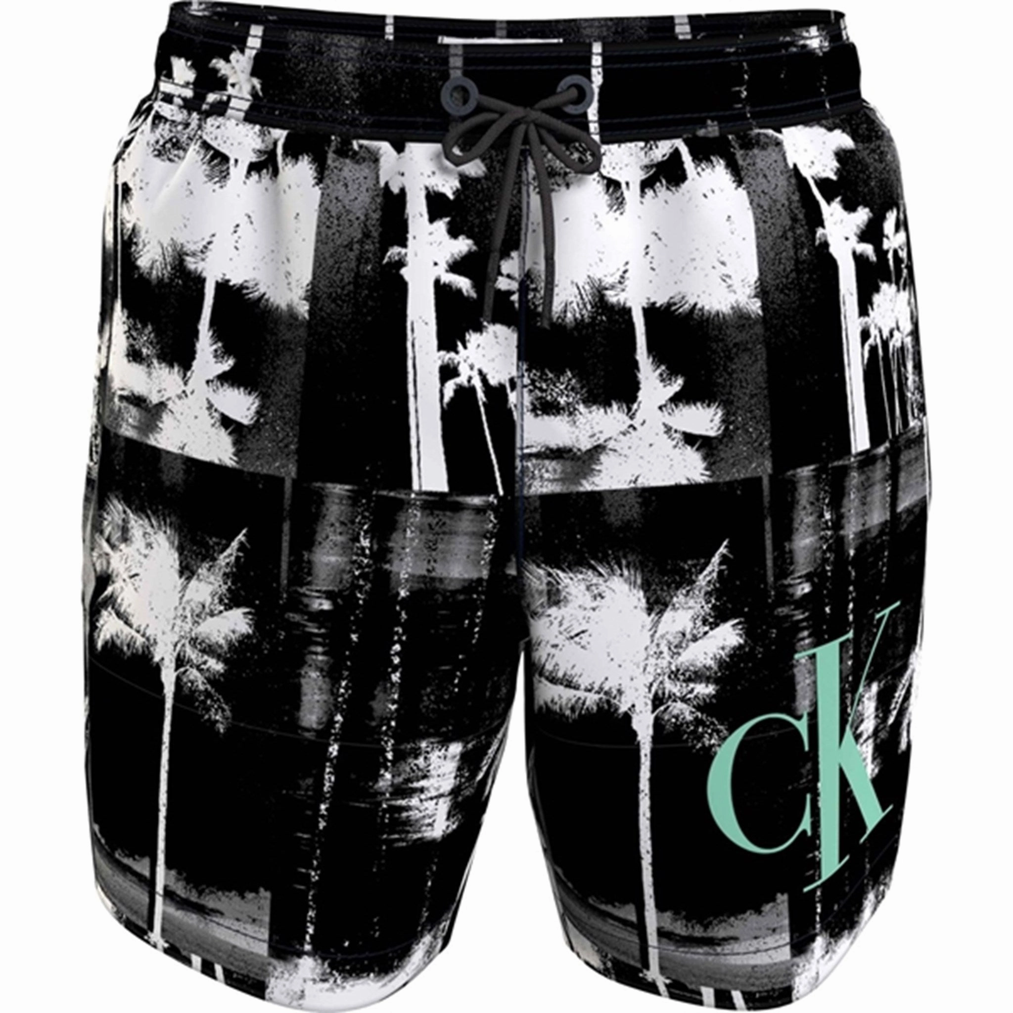 Calvin Klein Medium Drawstring Swim Shorts Ck Palm Black Aop Sand Resistant Lining