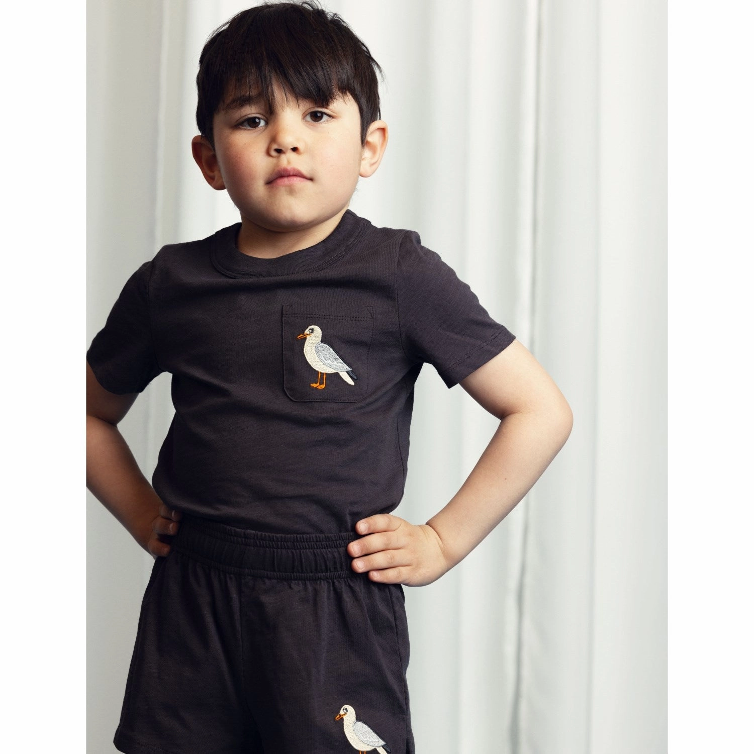 Fastening Closure Mini Rodini Black Seagull Embroidery Shorts