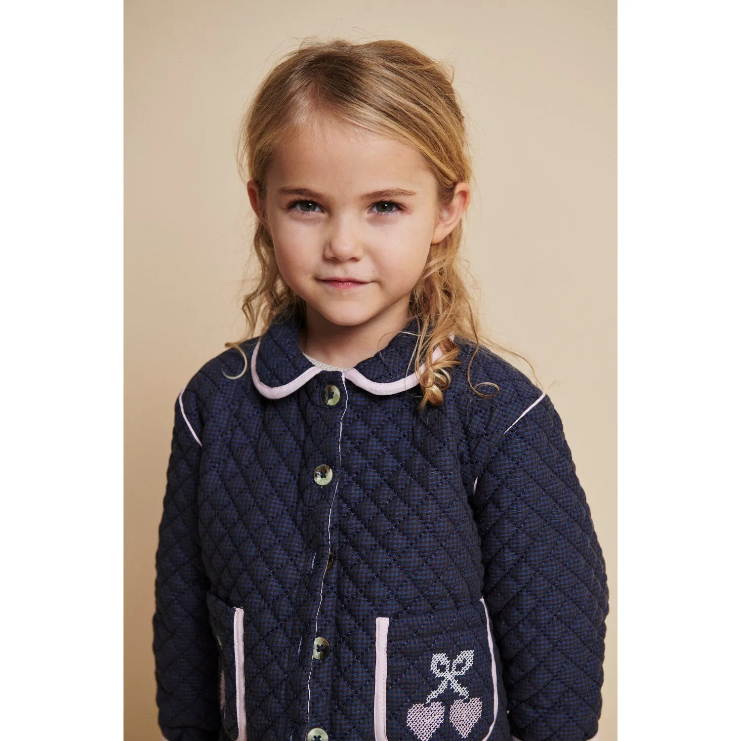 COPENHAGEN COLORS Brown/Blue Check Comb. Checkered Quilted Jacket W. Embroidery Bright Tones