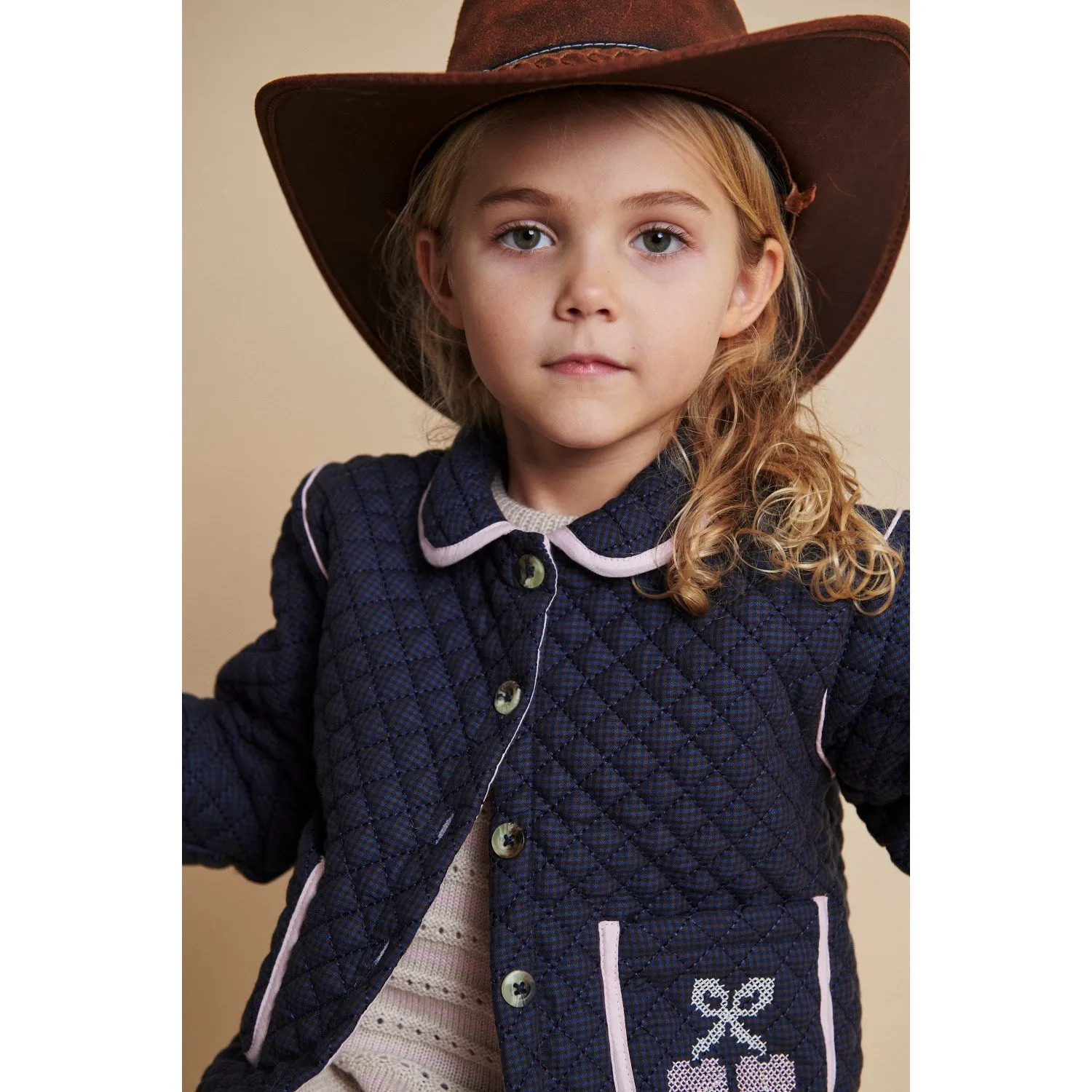 graduation COPENHAGEN COLORS Brown/Blue Check Comb. Checkered Quilted Jacket W. Embroidery