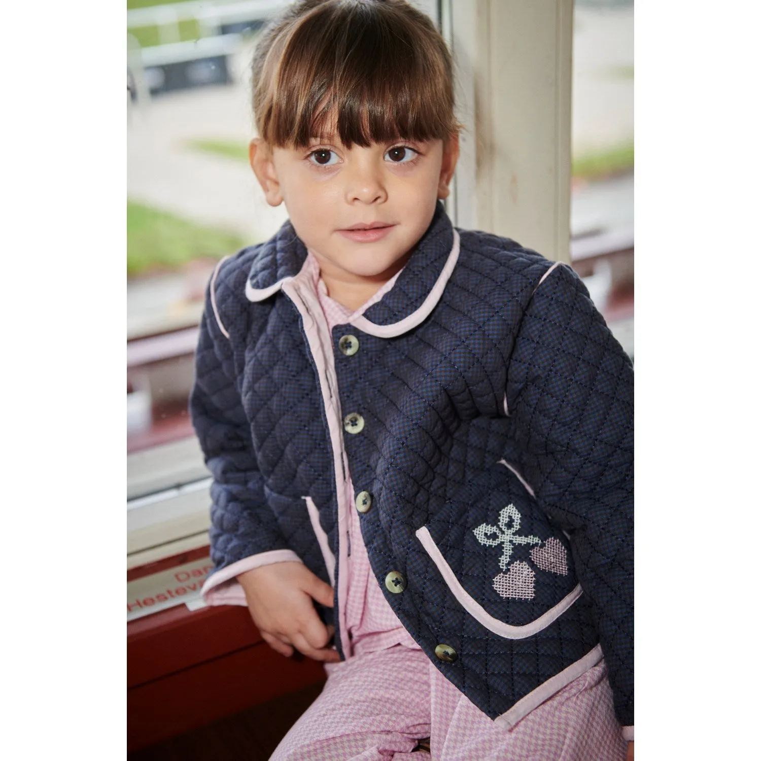 COPENHAGEN COLORS Brown/Blue Check Comb. Checkered Quilted Jacket W. Embroidery watch Travel Ease