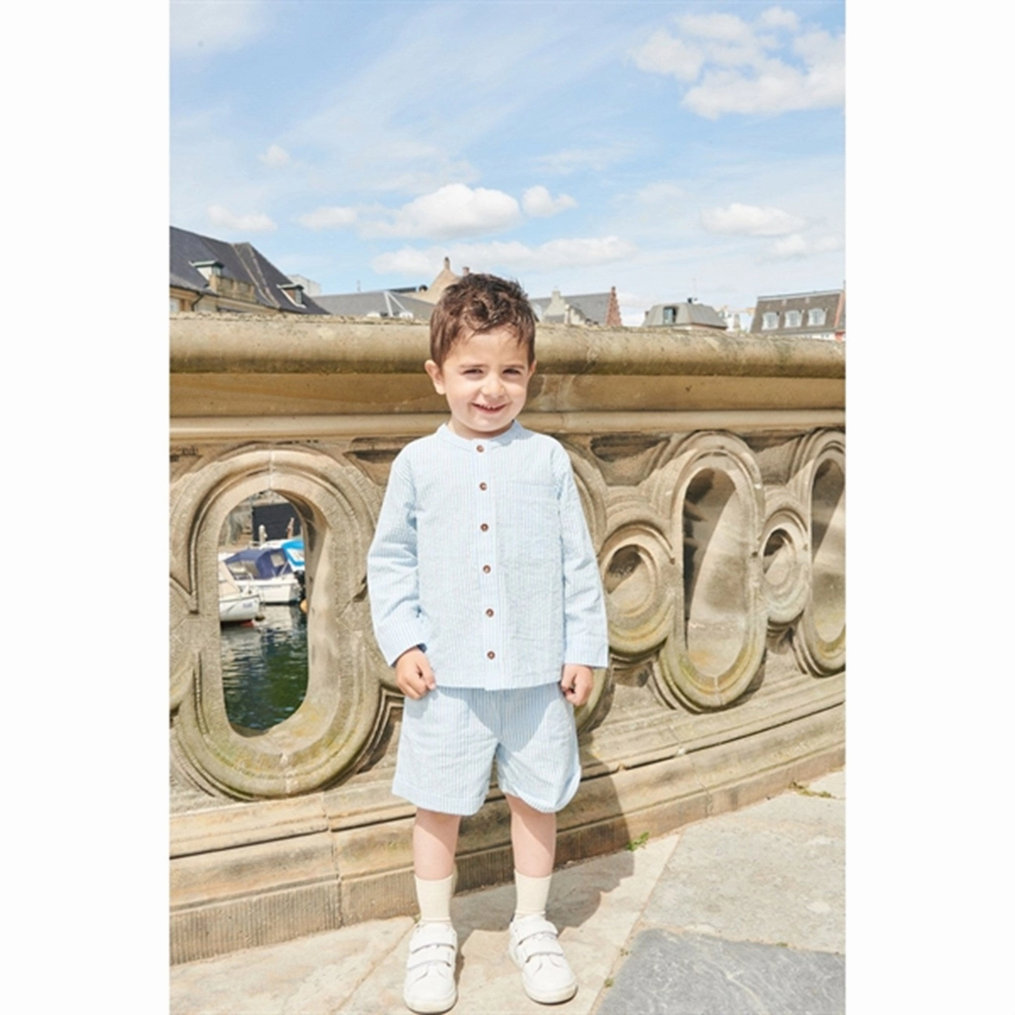 Copenhagen Colors Sky Blue W Cream Stripe Seersucker Sporty Shorts Evening Wear