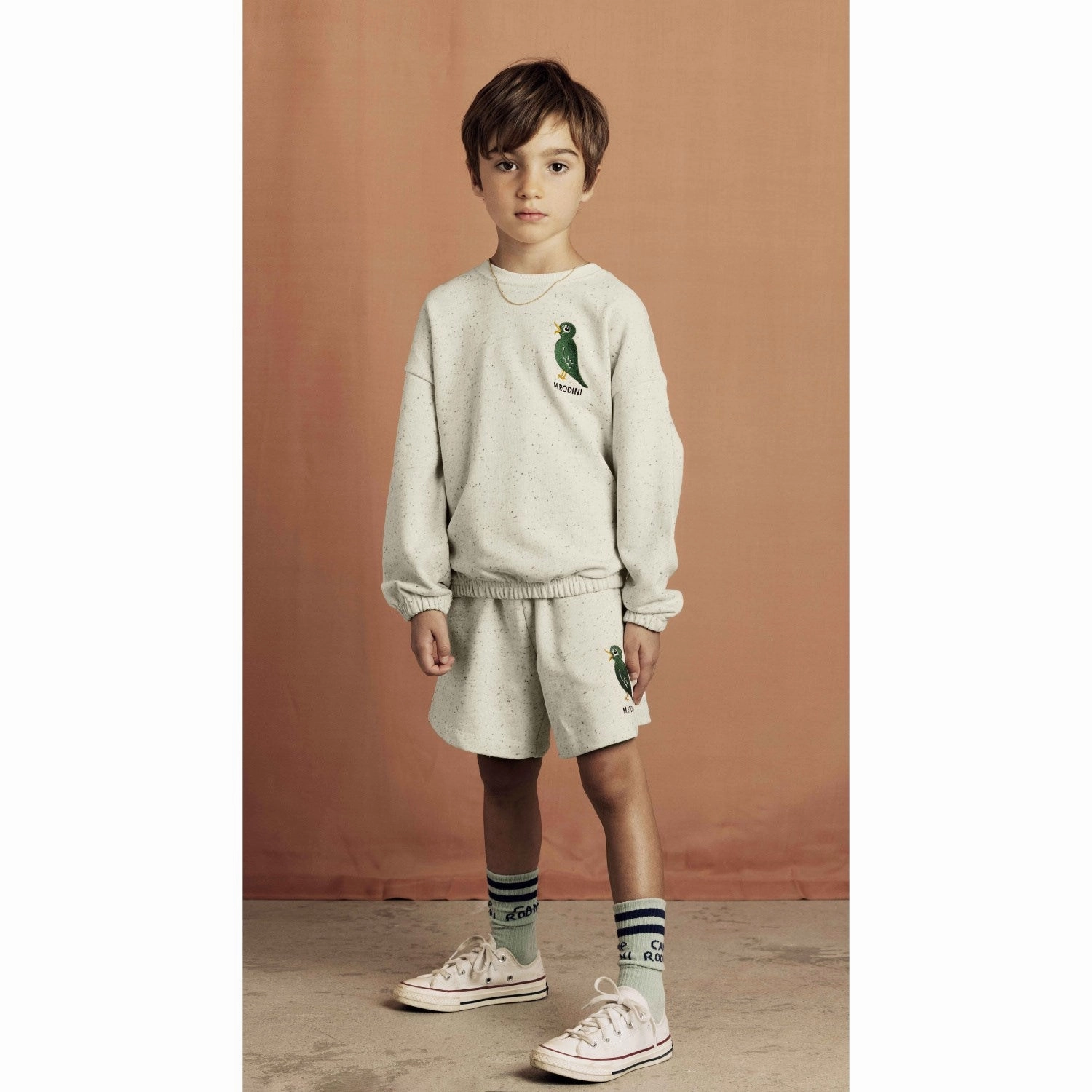 Mini Rodini Offwhite Bird Emb Neps Sweatshorts Stretchable Waistband Fitness Friendly