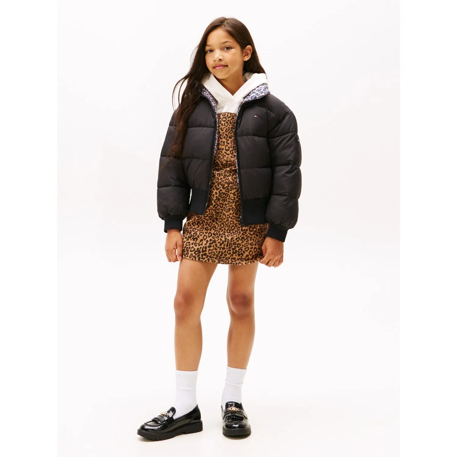 Solid-color Curved-Hem Tommy Hilfiger Black Aop Reversible Puffer Bomber