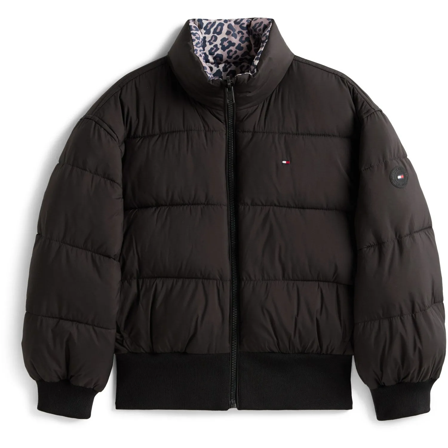 Recycled-Material Floral-Pattern Tommy Hilfiger Black Aop Reversible Puffer Bomber