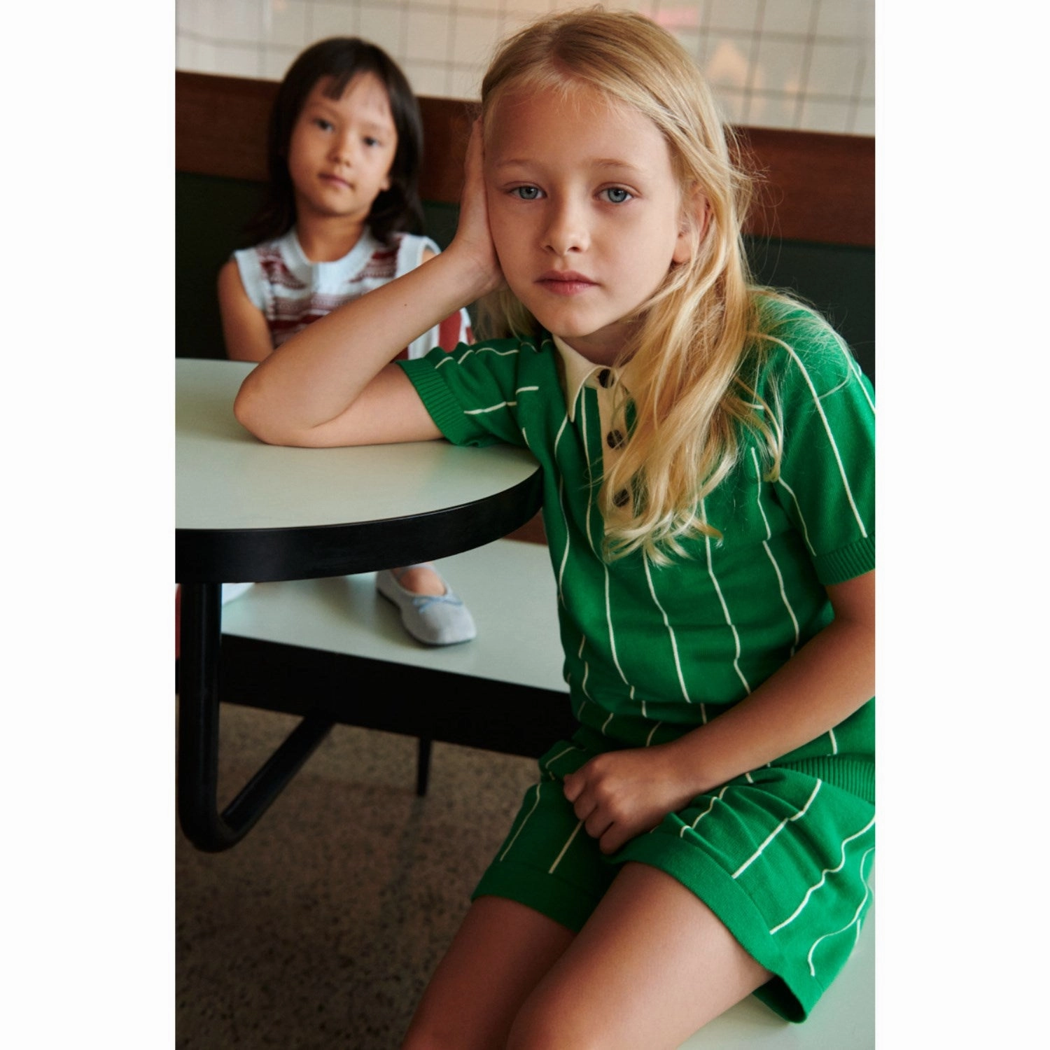 Layered Hem Detail FUB basil/ecru Striped Shorts