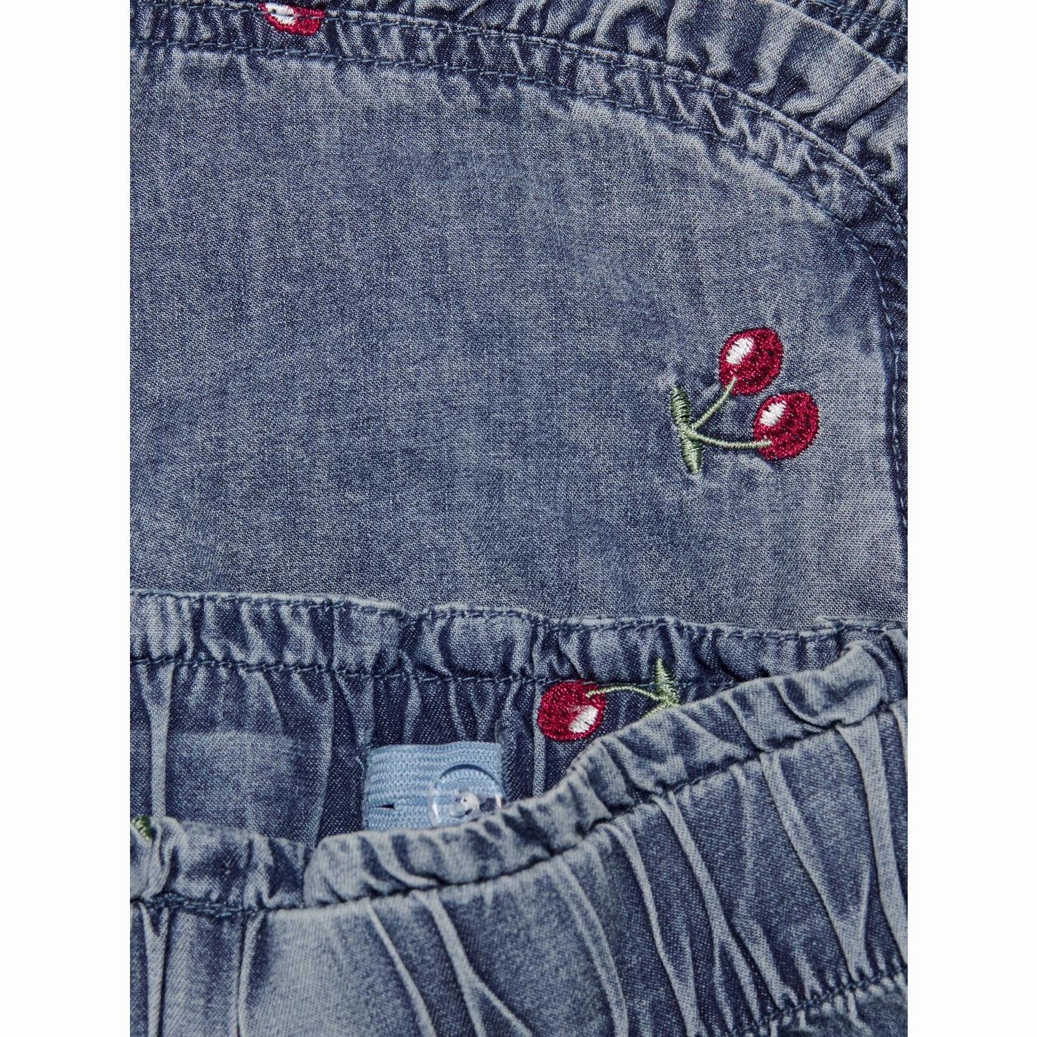 Kids ONLY MINI Medium Blue Denim Cherry Embroidery Dandy Cherry Frill Denim Shorts Warm Look poolside gear