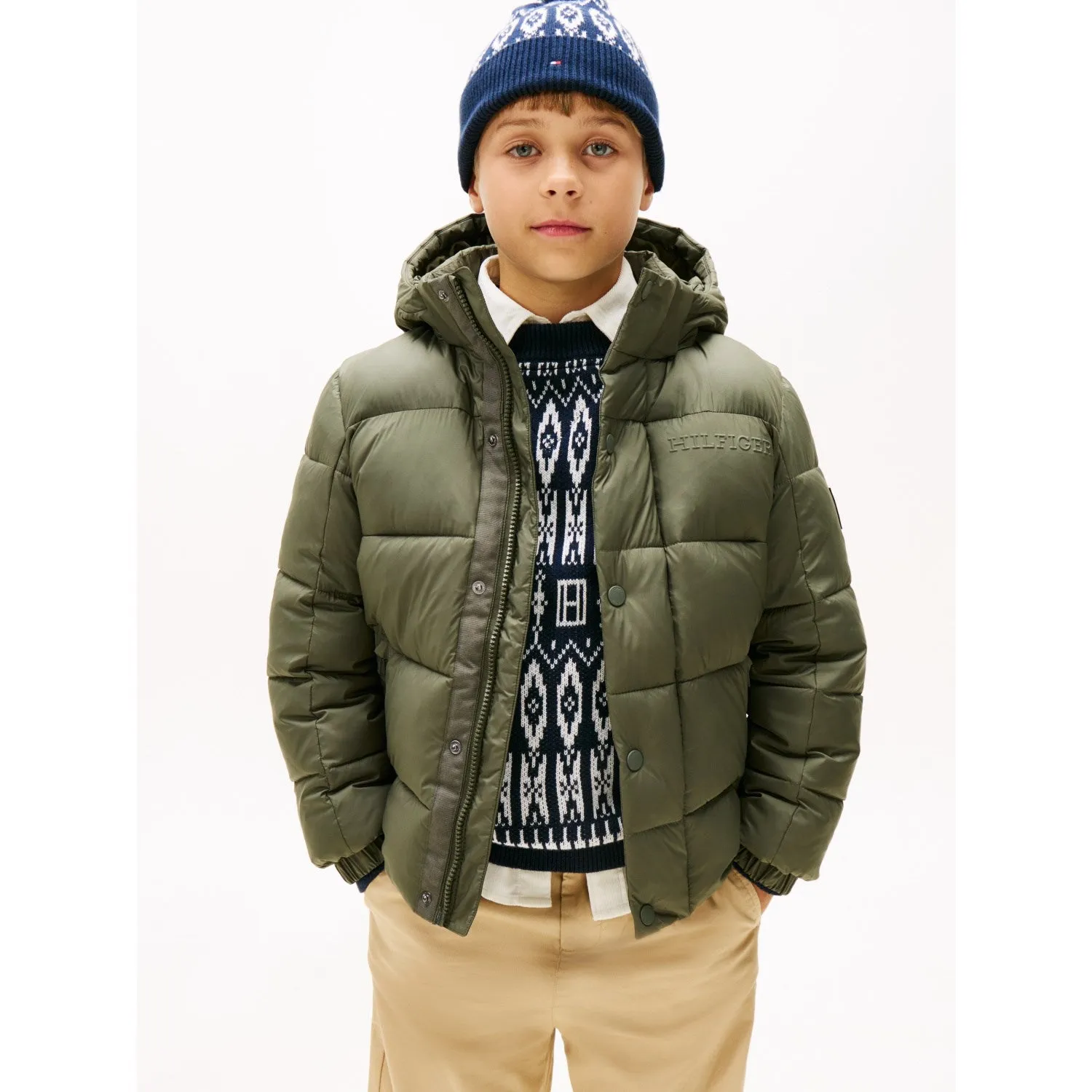 Tommy Hilfiger Pewter Green Matt And Shine Embossed Jacket Breathable