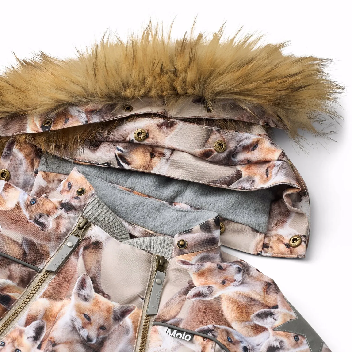 Convertible-Sleeve Molo Playing Foxes Pyxis Fur Baby Snowsuit