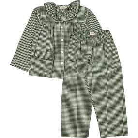Ribbed Collar Design MarMar Cotton Seersucker Green Check Pajama Frill Set