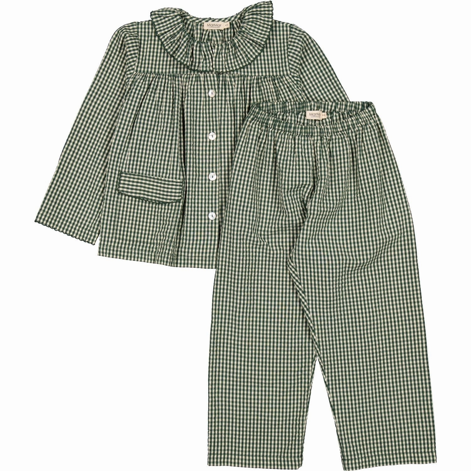 Ribbed Collar Design MarMar Cotton Seersucker Green Check Pajama Frill Set