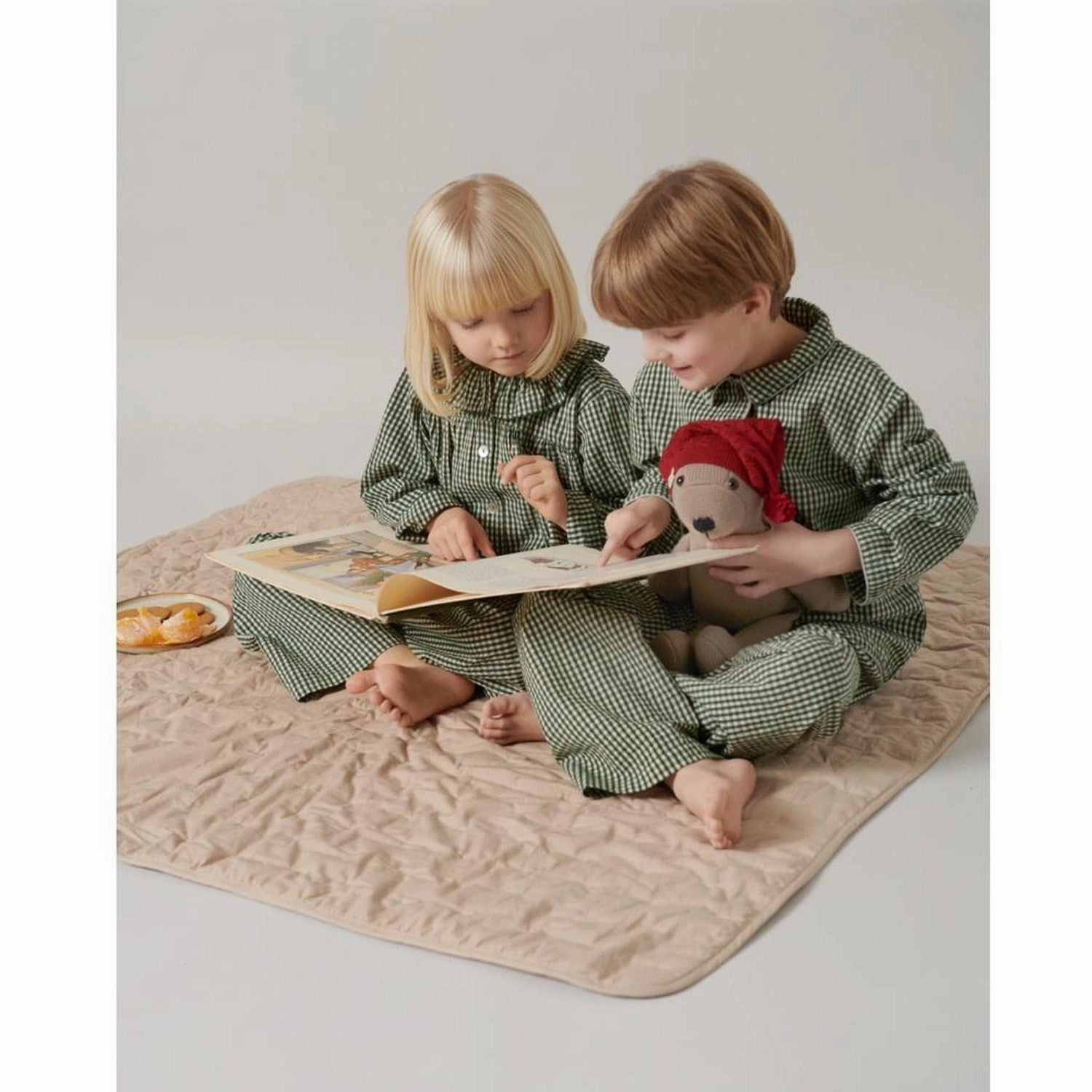 MarMar Cotton Seersucker Green Check Pajama Frill Set Wide Leg Opening Design Night Routine