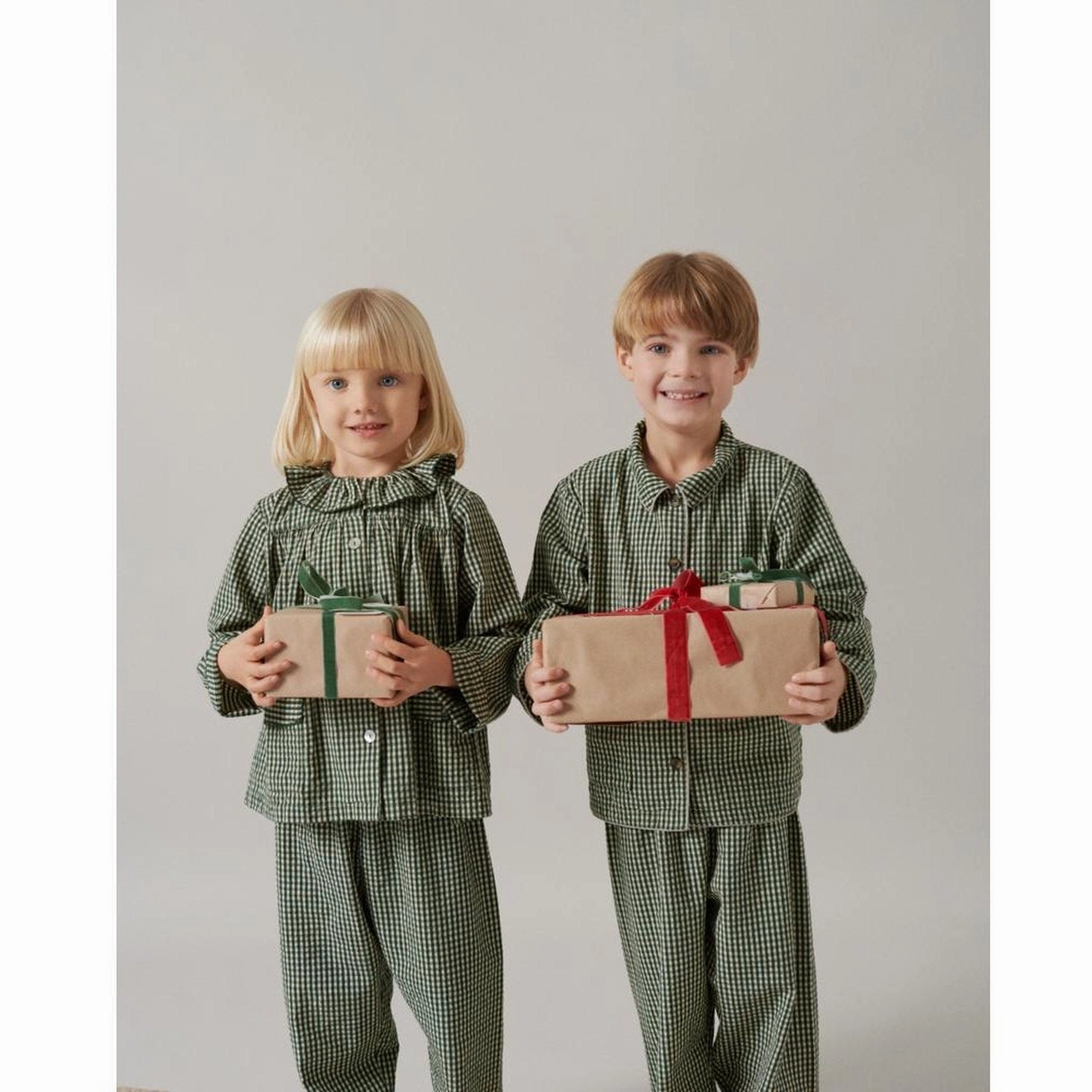 MarMar Cotton Seersucker Green Check Pajama Frill Set Thermal regulation Comfort Draping