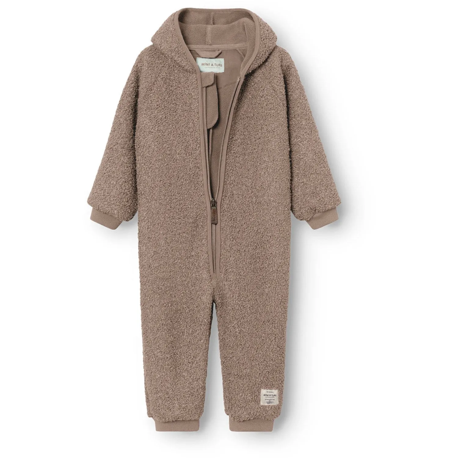 Mini A ture Grey Brown Matadel Teddyfleece Jumpsuit. GRS High-Collar Velvet-Edge