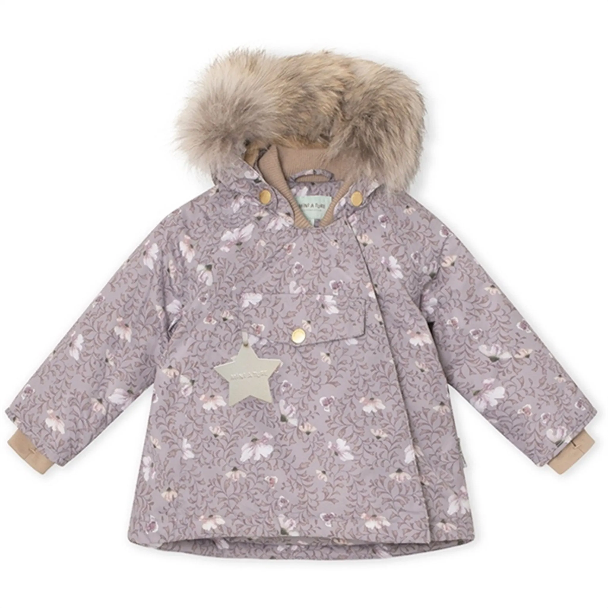 MINI A TURE Wang Fleece Printed Winter Jacket with Fur Autumn Flower Field Love Silk
