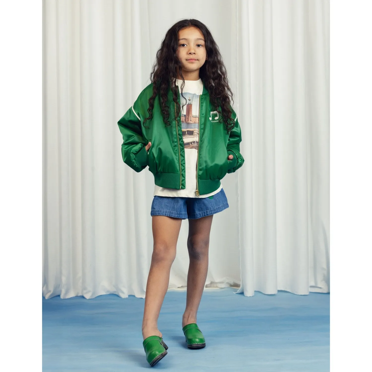 Mini Rodini Green Note Chenille Satin Baseball Jacket Future Task