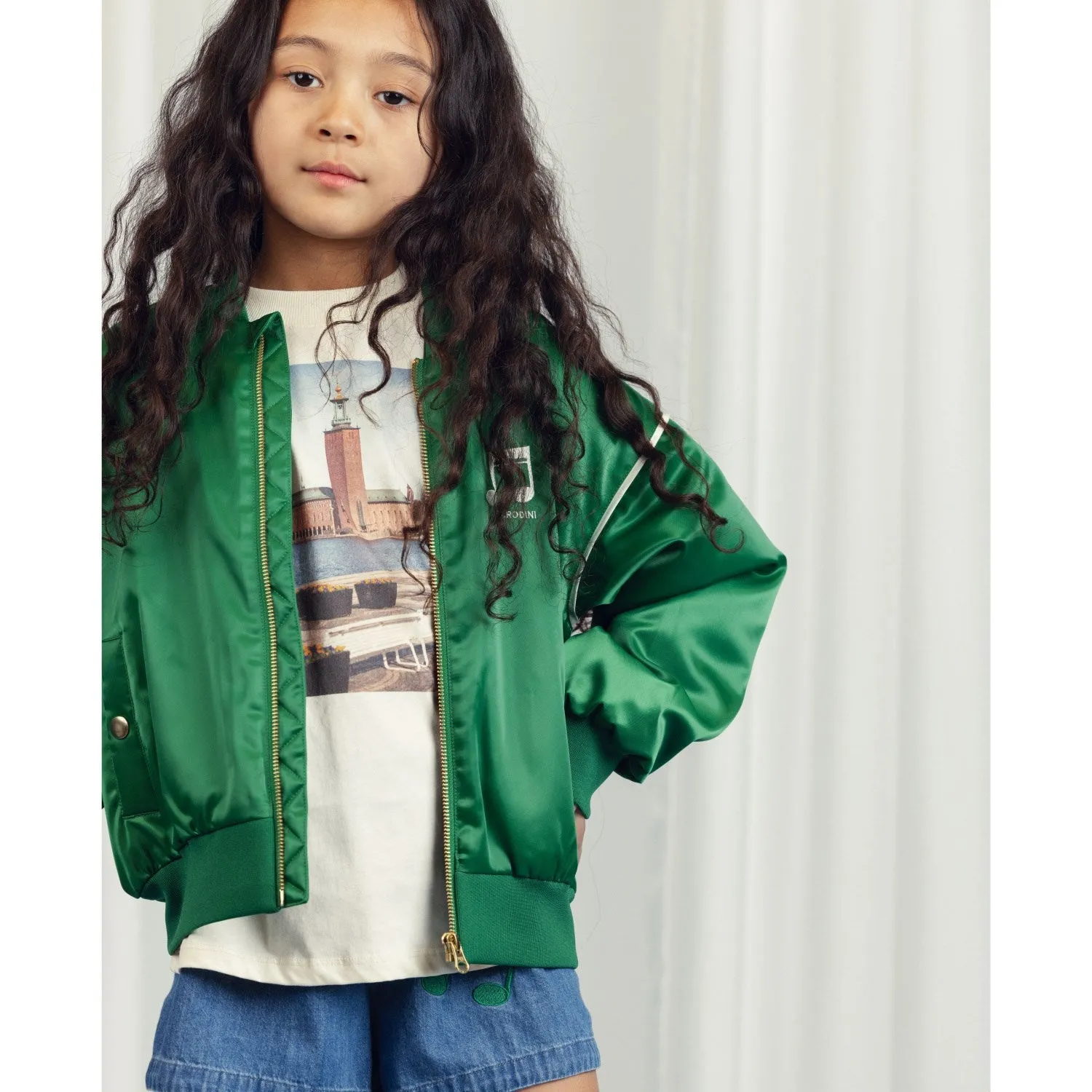 Mini Rodini Green Note Chenille Satin Baseball Jacket Sporty Shield Multipurpose Utility