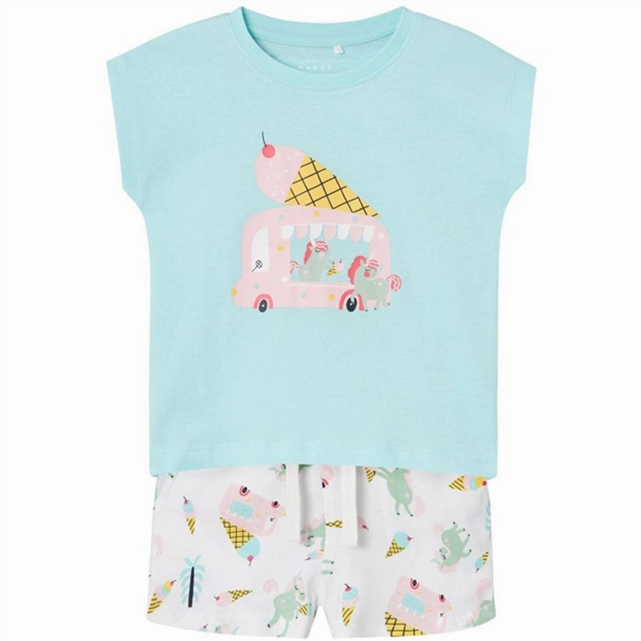 Name it Blue Tint Unicorns And Icecreams Vigea T-Shirt Set Linen shorts Soft Inner Lining