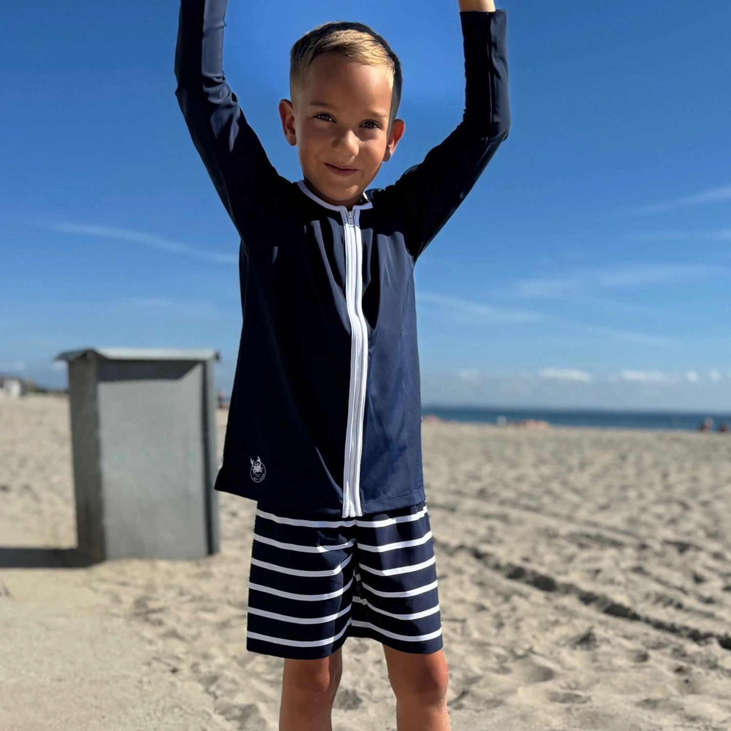 Petit Crabe Blue Basic Zipper Uv-Swim Shirt L/S Reinforced Stitching