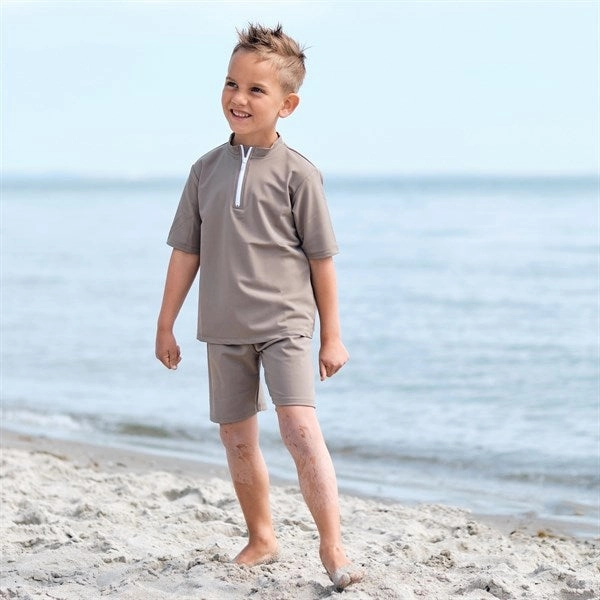 Compression fabric High Waist Petit Crabe Taupe Max Half Zip Swim Shirt