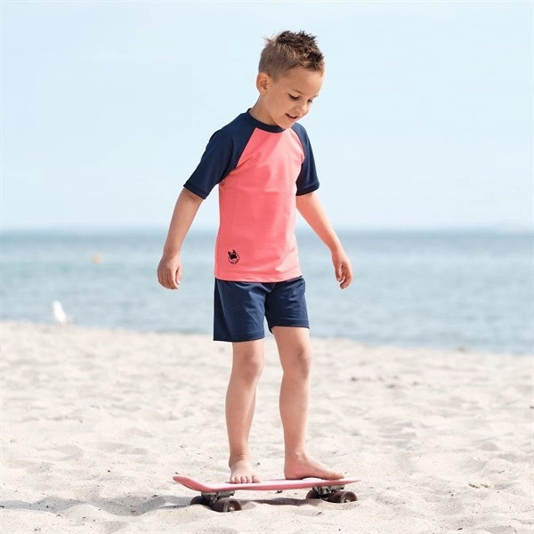 Petit Crabe Nectarine/Blue Raglan UV Swim Shirt Mesh Panel High Neck Style