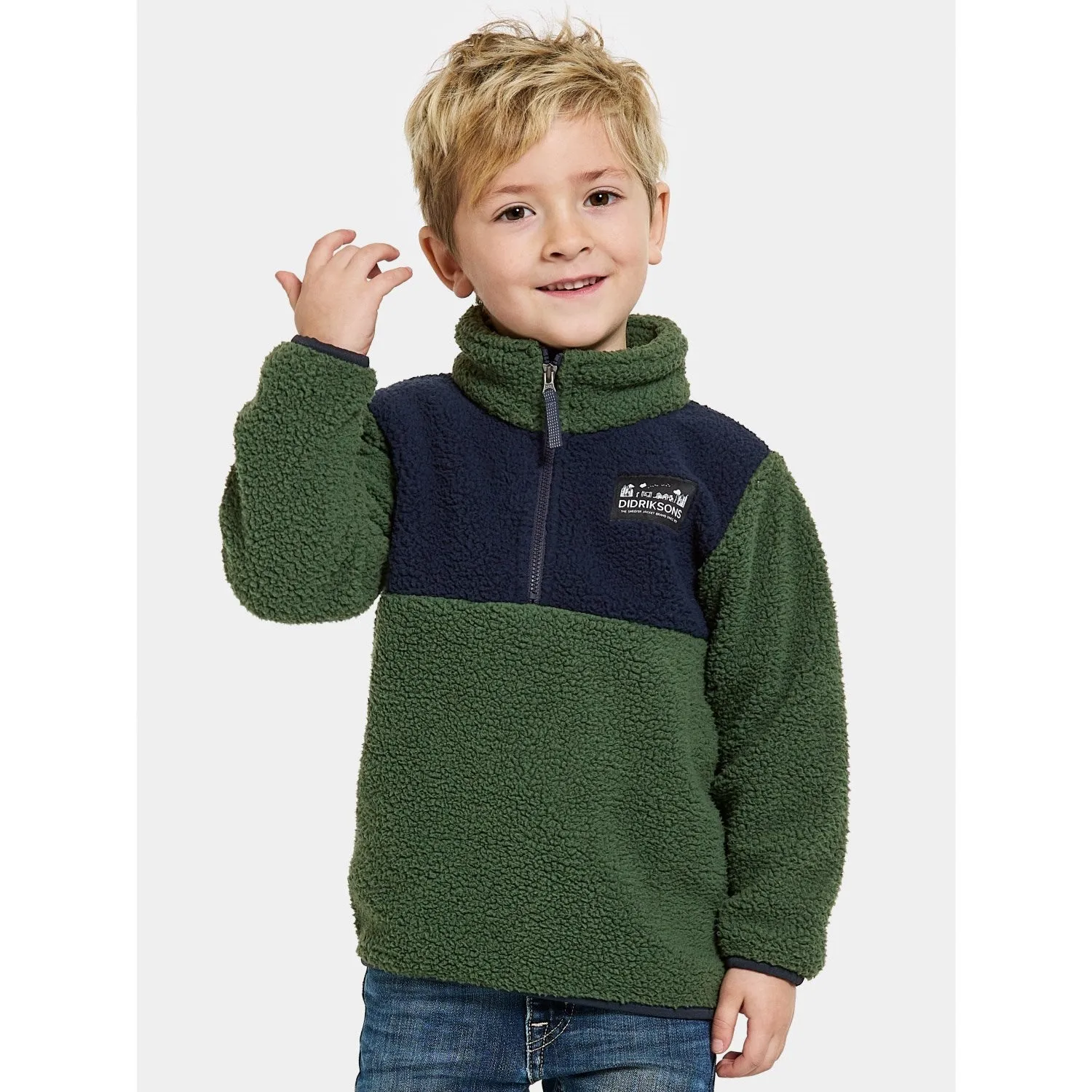 Didriksons Pine Green Gosig Kids Halfzip Fleece Jacket Overlock Stitching