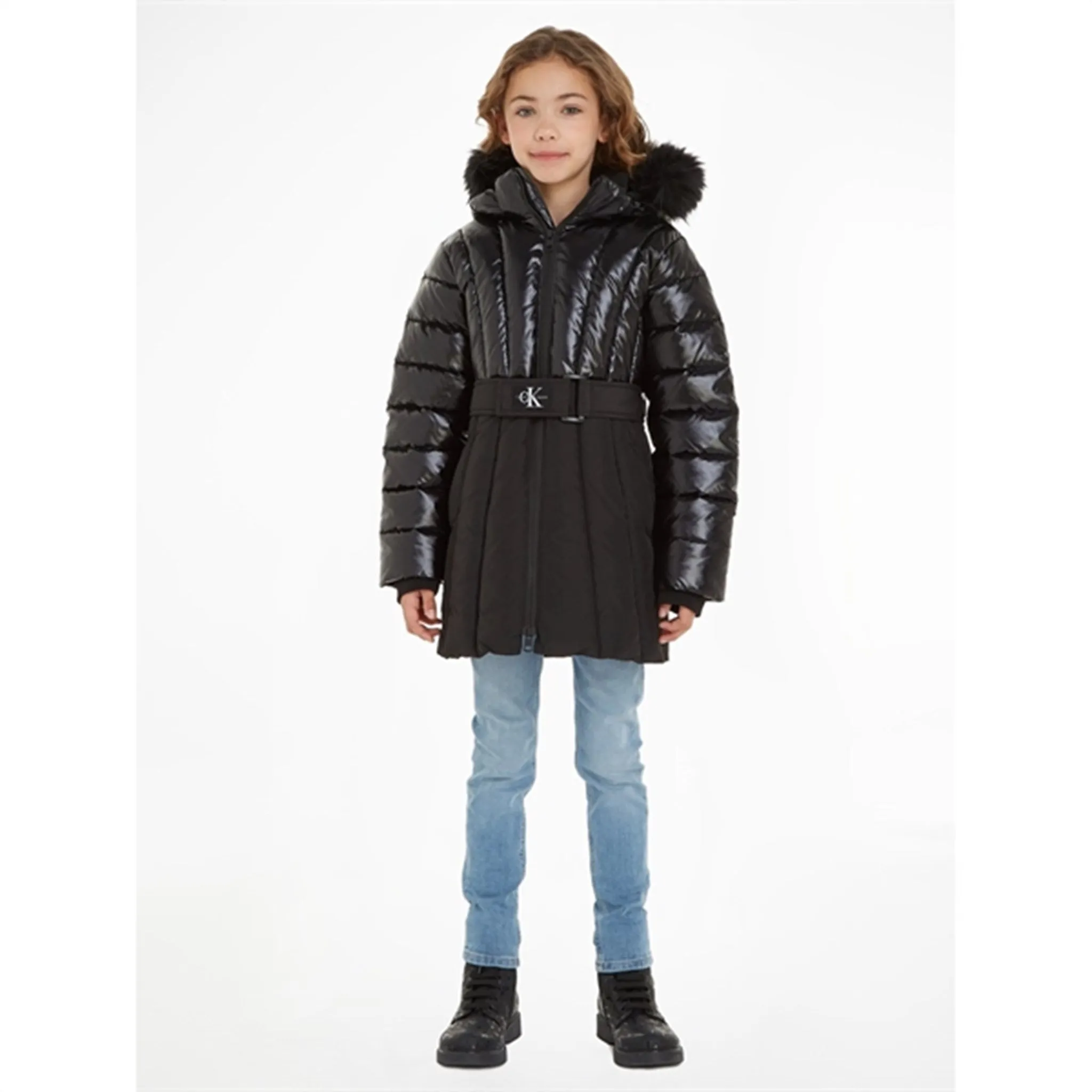 Calvin Klein Long Belted Puffer Coat Ck Black Transitional-Wear Chain-Detail