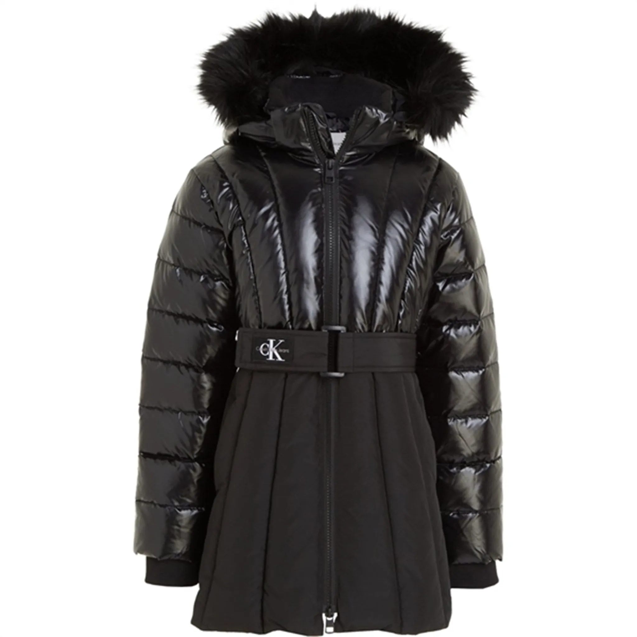Calvin Klein Long Belted Puffer Coat Ck Black Protective Padding