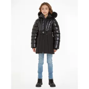 Calvin Klein Long Belted Puffer Coat Ck Black Transitional-Wear Chain-Detail