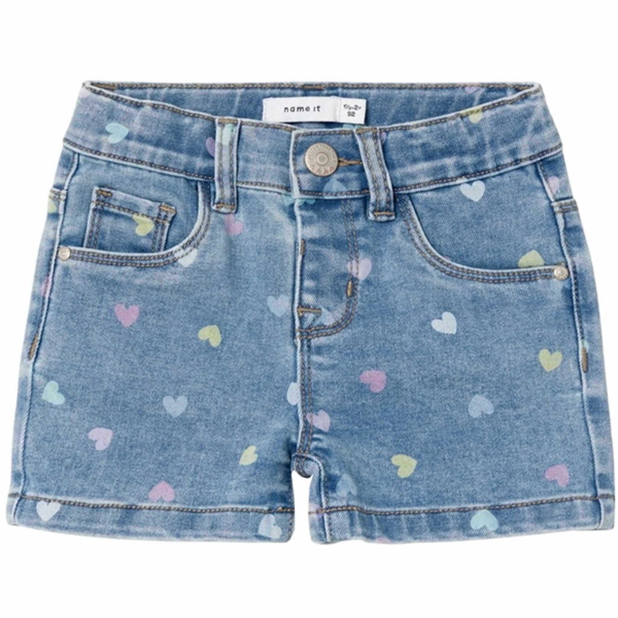 Name it Medium Blue Denim Hearts Salli Slim Denim Shorts Noos Double Layered Construction UPF Sun Protection