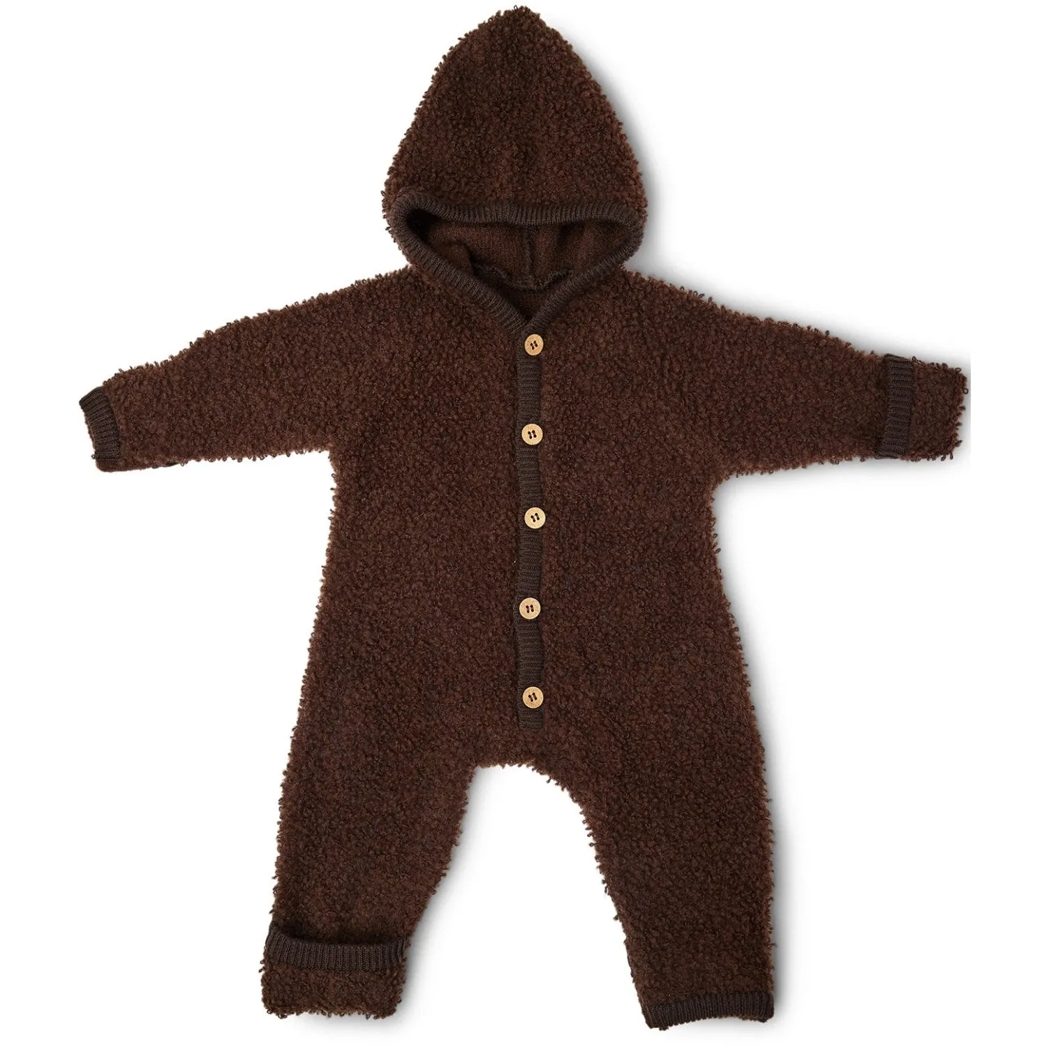 Smallstuff Brown Jumpsuit Boucl?? Merino Wool With Buttons And Hood Panelled-Design Split-Sleeve