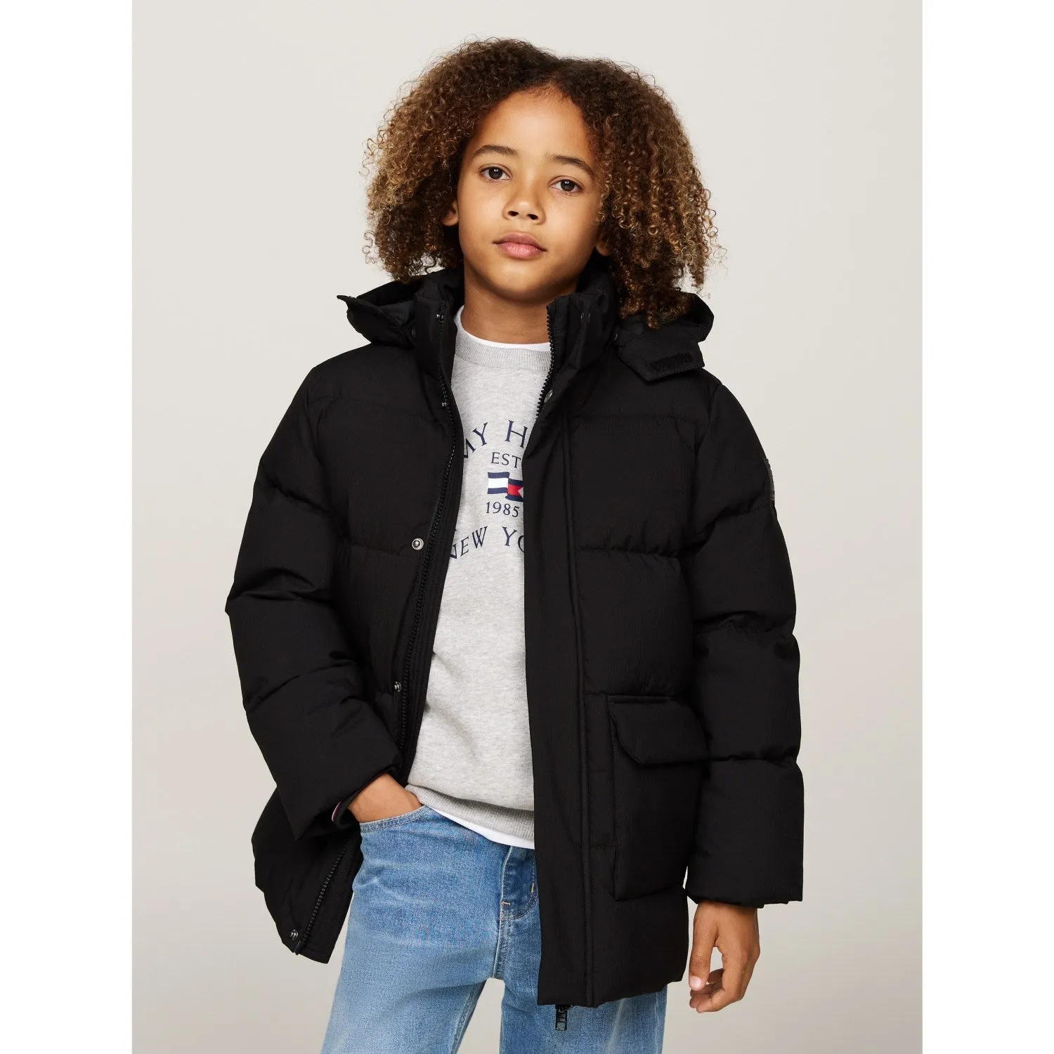 Tommy Hilfiger Black Monotype Ribstop Puffer Jacket Ombre-Effect