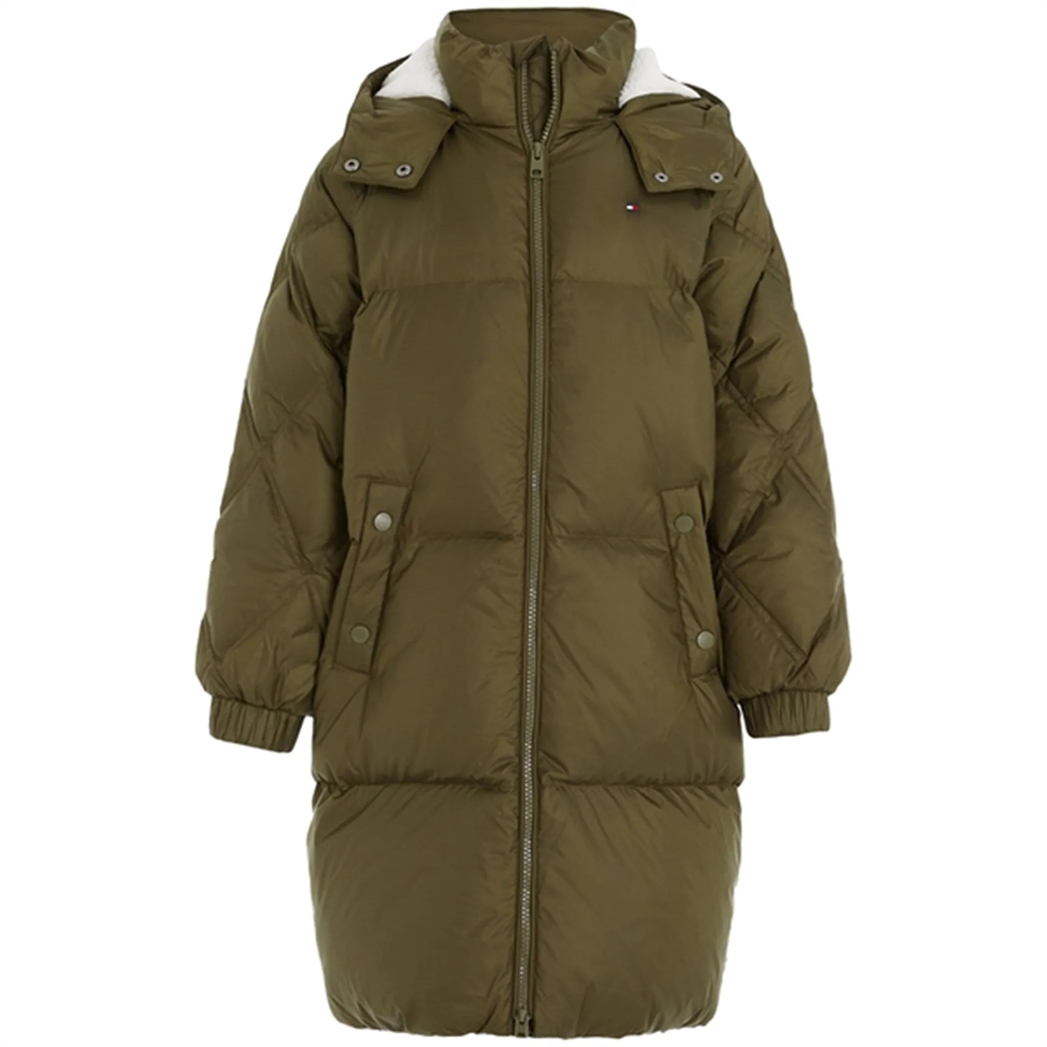Tommy Hilfiger Mixed Quilted Long Down Jacket Olive Green Softshell Fabric Technology