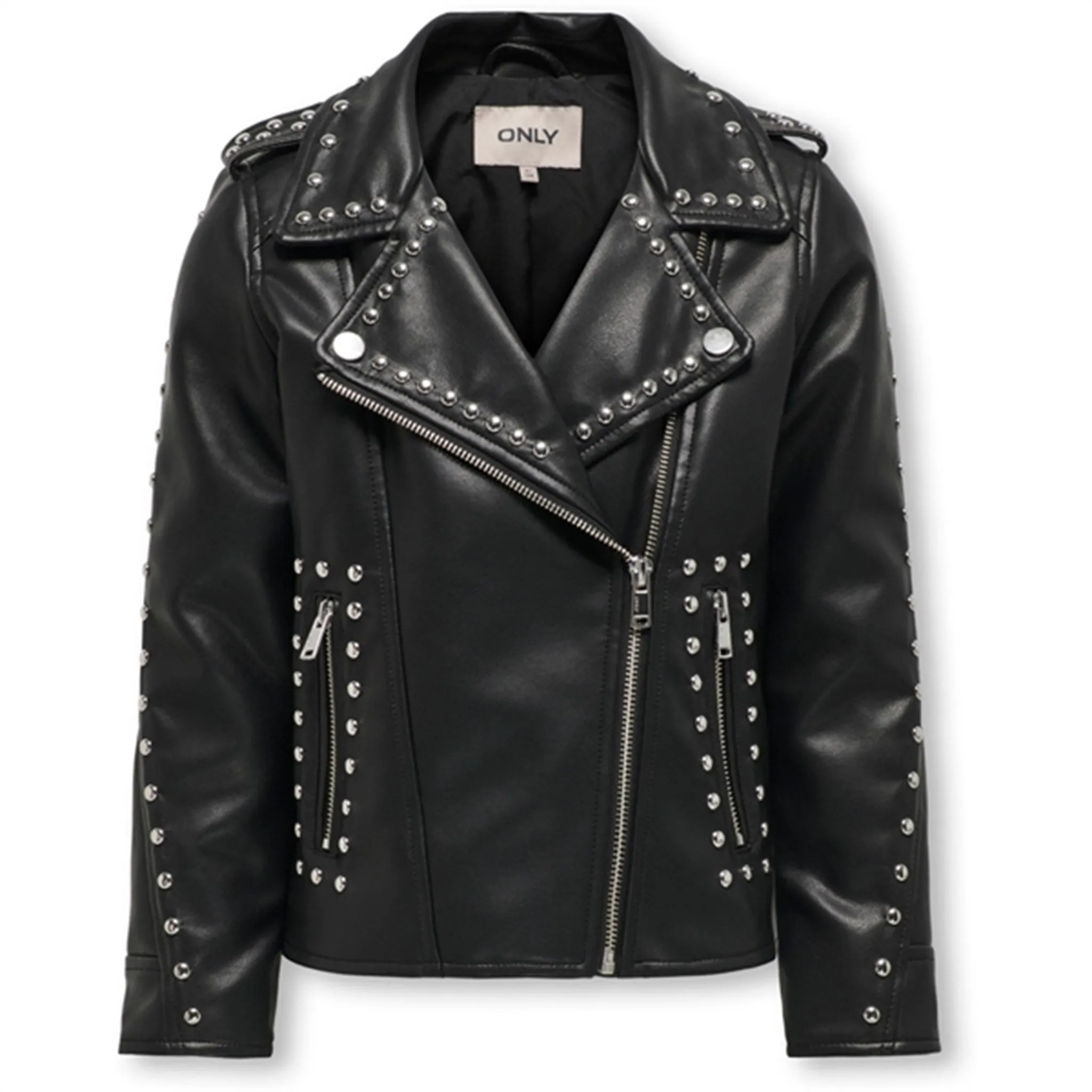 Kids ONLY Black Sia Studded Faux Leather Biker Jacket NoiseFreeMaterial Adjustable Hood