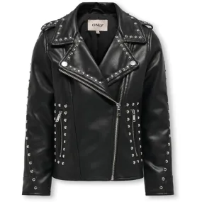 Kids ONLY Black Sia Studded Faux Leather Biker Jacket NoiseFreeMaterial Adjustable Hood