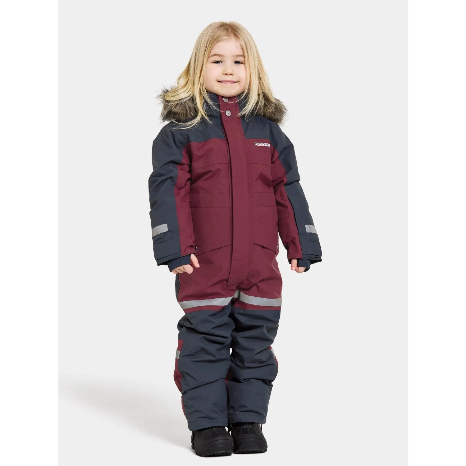 Didriksons Rusty Wine Bj?rven Kids Coverall 17 Mandarin-Collar Pleated-Texture