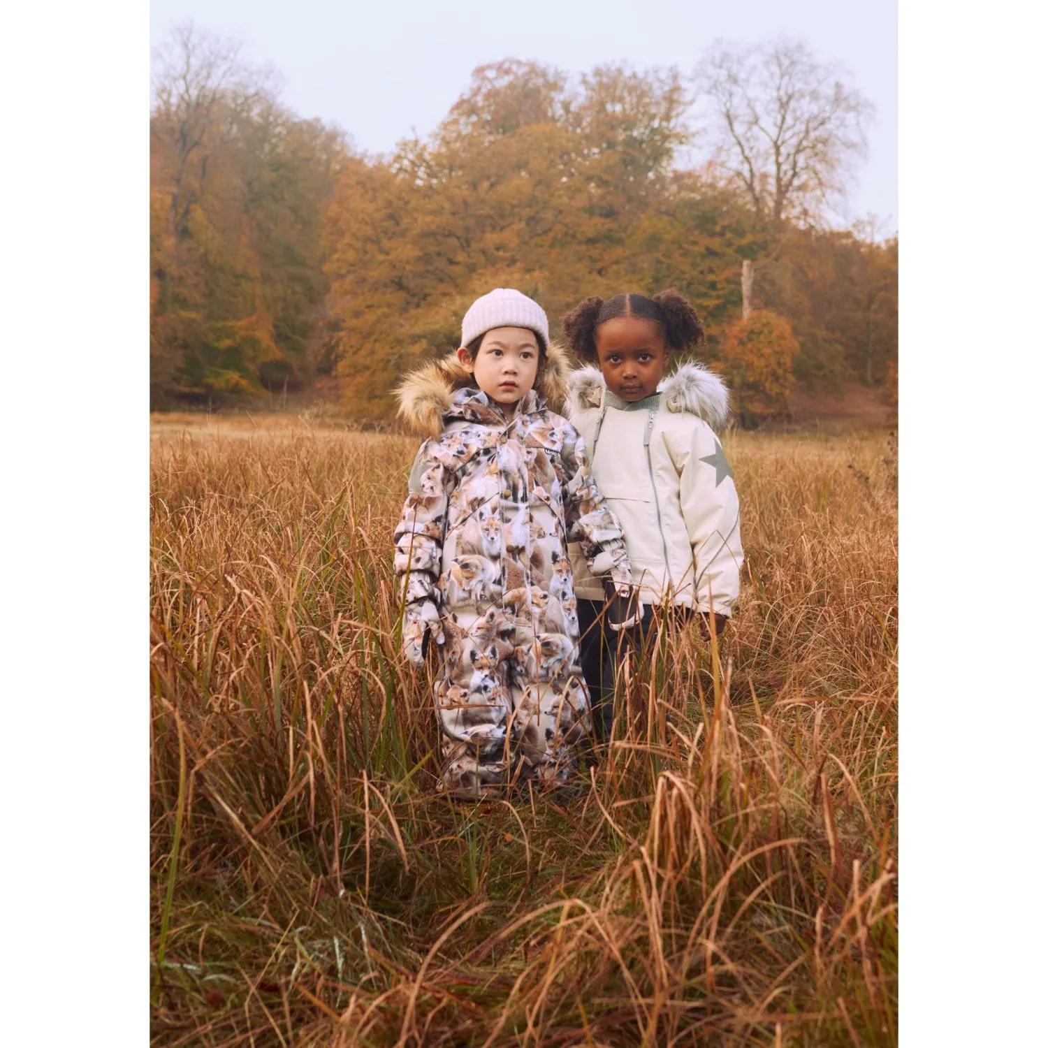 Belted-Waist Neutral-Shade Molo Playing Foxes Polaris Fur Junior Snowsuit