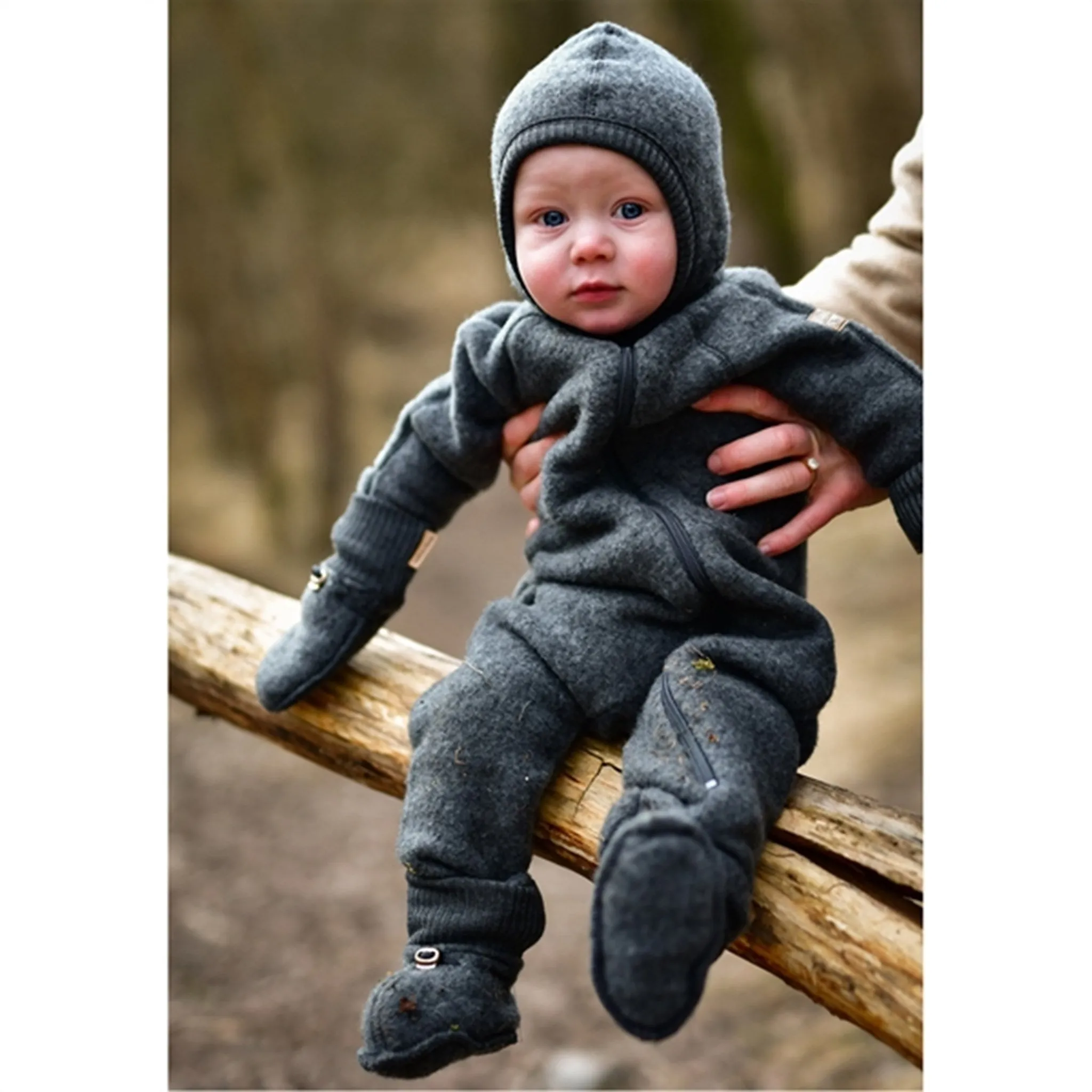 Printed-Lining Gathered-Detail Mikk-Line Wool Baby Suit Anthracite Melange