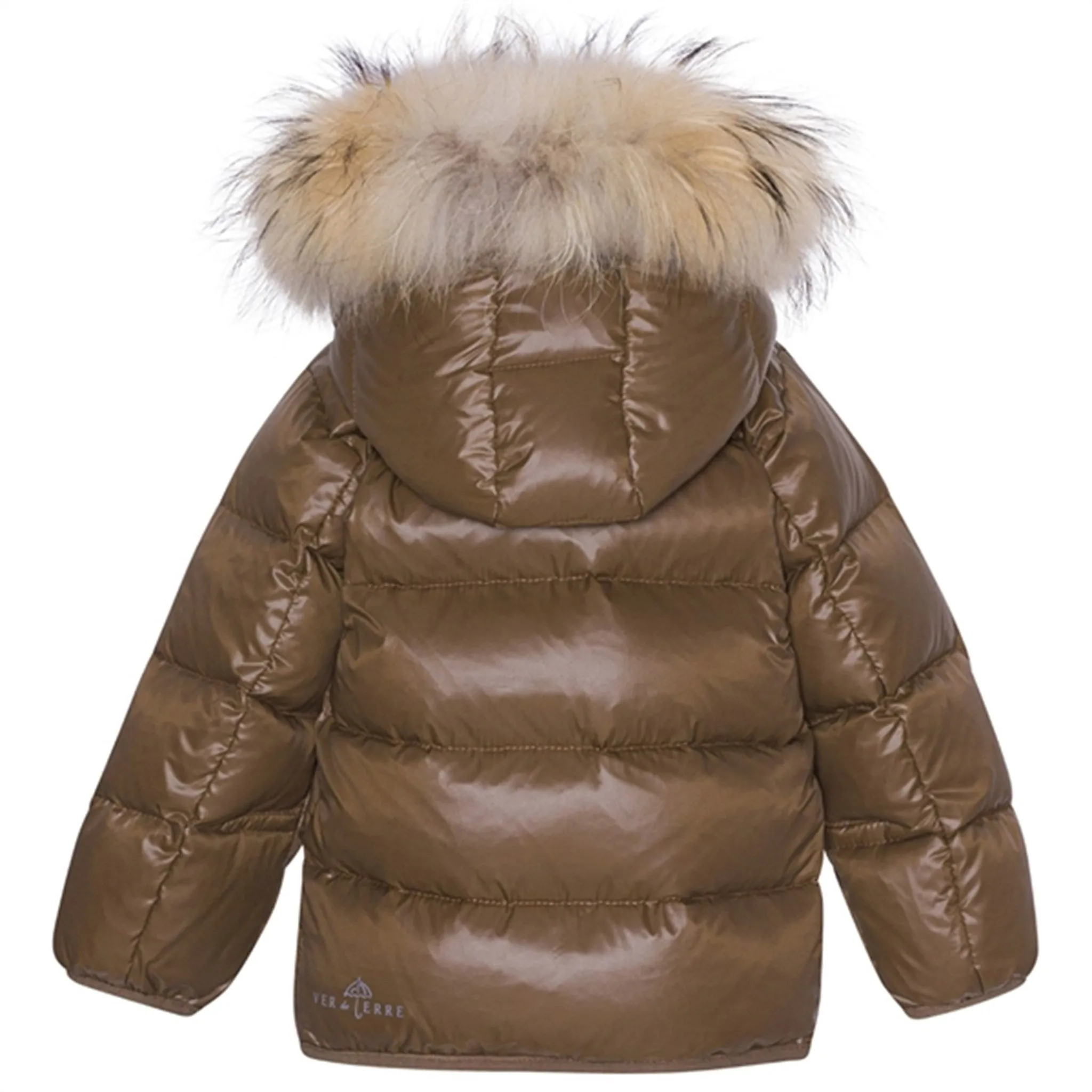 Front-Pocket Fringe-Detail Ver de Terre Featherlight Baby Down Jacket w. Fur Kangaroo