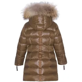 Boxy-Style Striped-Pattern Ver de Terre Featherlight Girls A Down Coat w. Fur Kangaroo