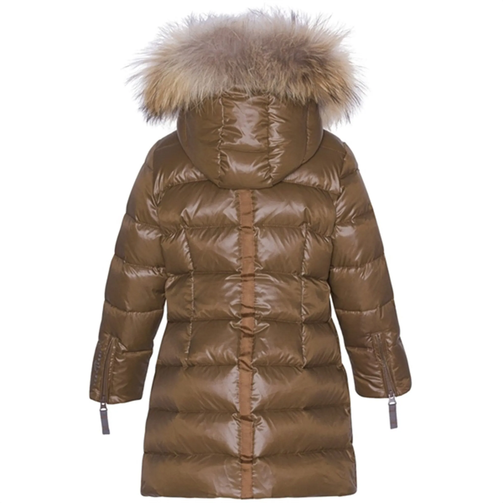 Boxy-Style Striped-Pattern Ver de Terre Featherlight Girls A Down Coat w. Fur Kangaroo