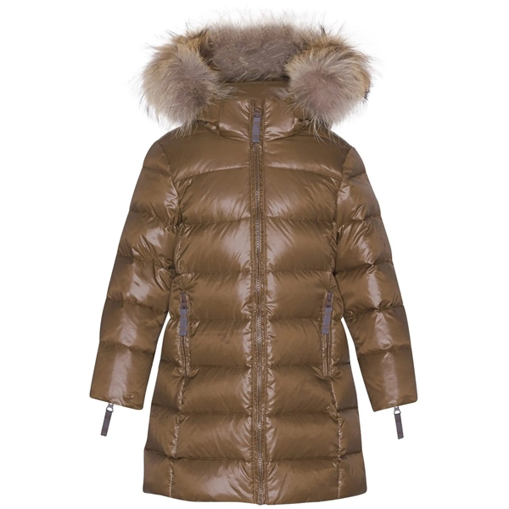 Magnetic-Closure Evening-Wear Ver de Terre Featherlight Girls A Down Coat w. Fur Kangaroo
