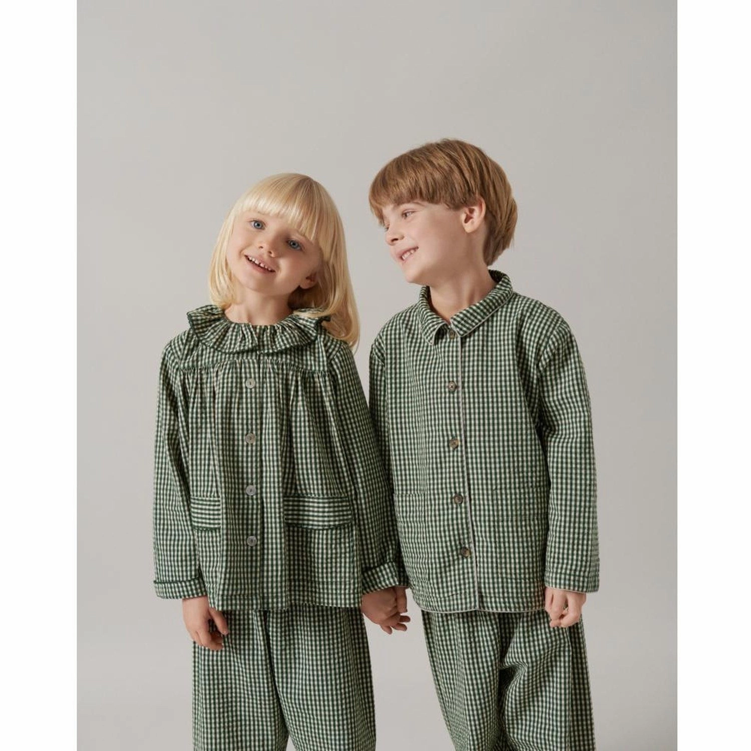 MarMar Cotton Seersucker Green Check Pajama Set Compact Knit Relaxed Silhouette