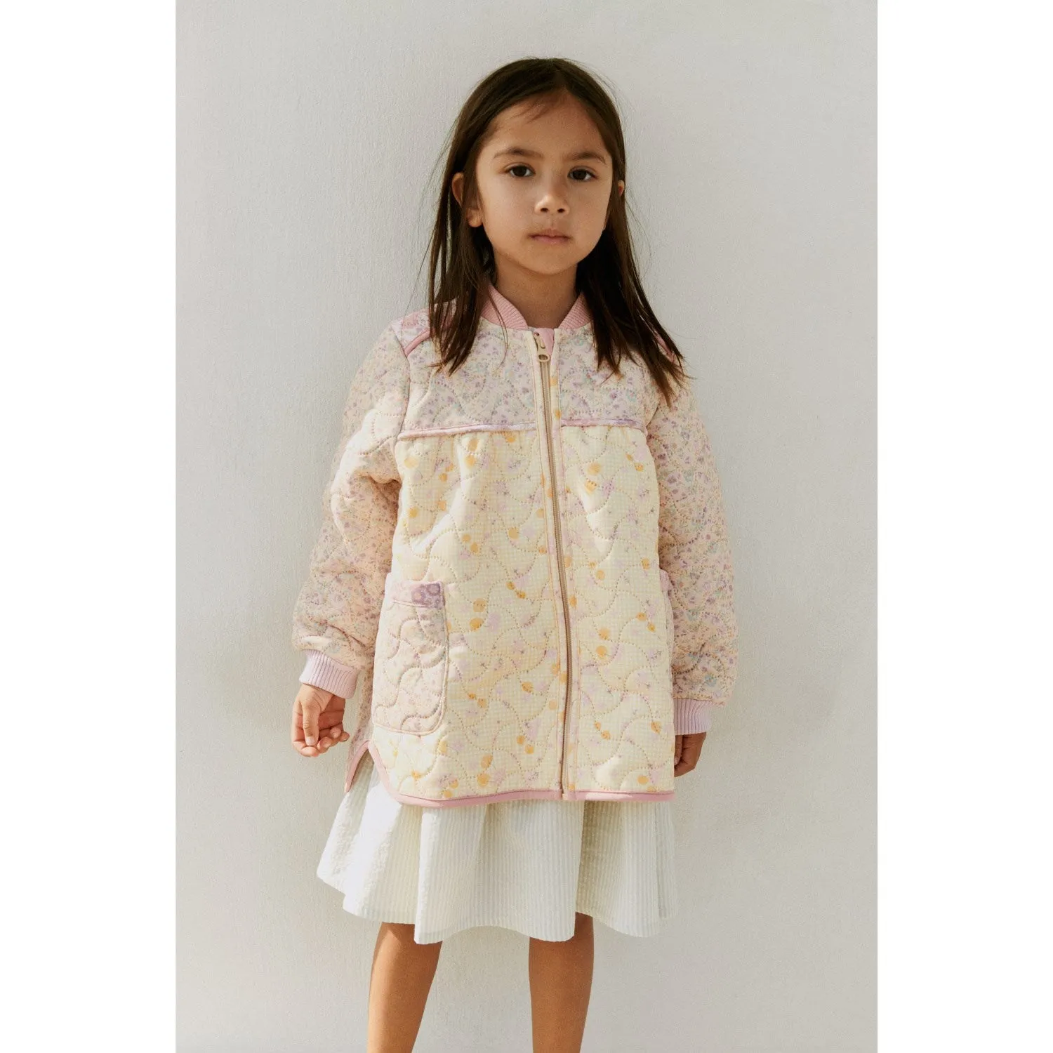 Mandarin-Collar Bright-Hue Wheat Pansies Thermo Jacket Liv