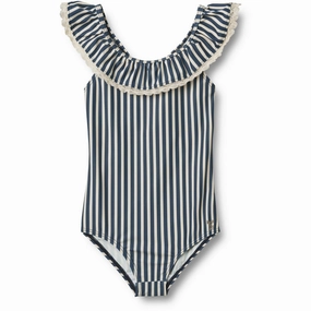 Odor control Sun Protective Fabric Wheat Blue Stripe Swimsuit Doris